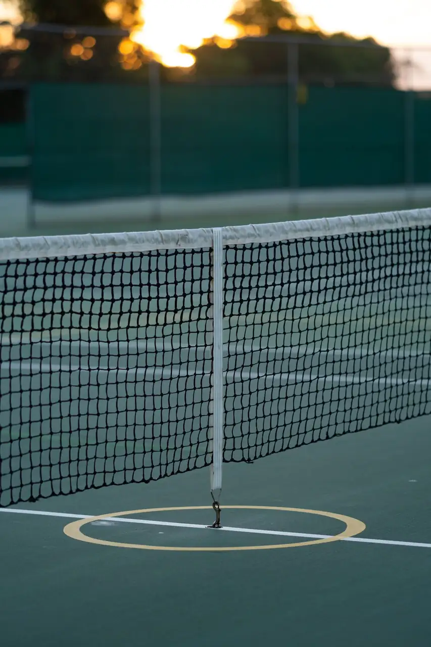 Tennis net on a court at dusk, with soft ambient light