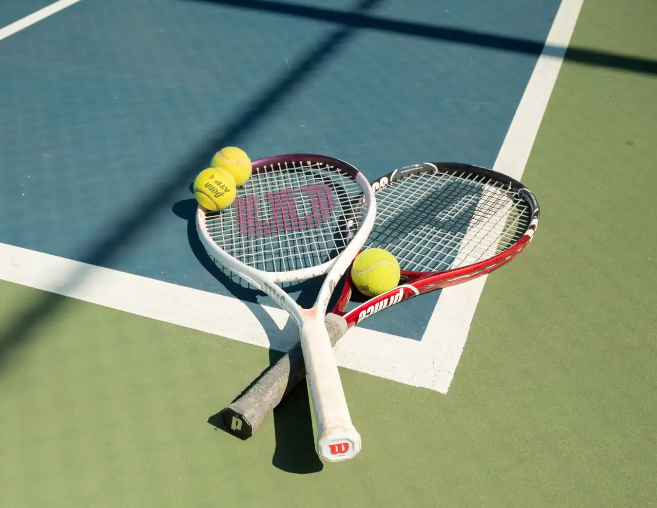 Tennis rackets and balls on a sunny outdoor court